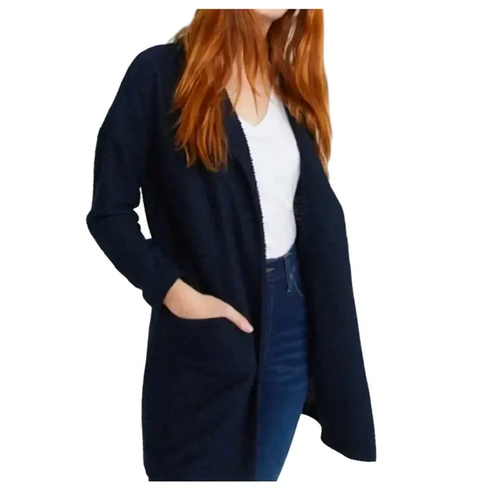 Marine Layer Birdseye Cardigan Sweater Black Open Front Pockets Size XS